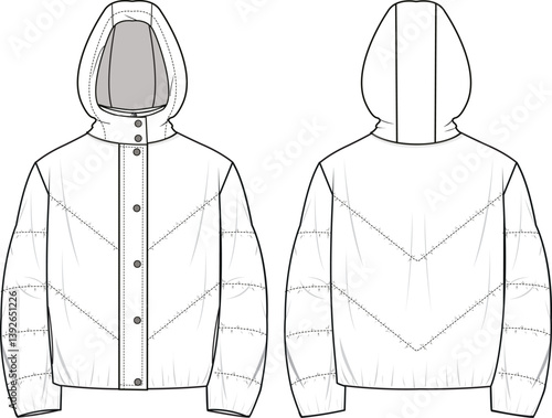 Unisex Hooded Puffer Coat. Technical fashion flat sketch.  Front and back, white in color. Unisex CAD mock-up.