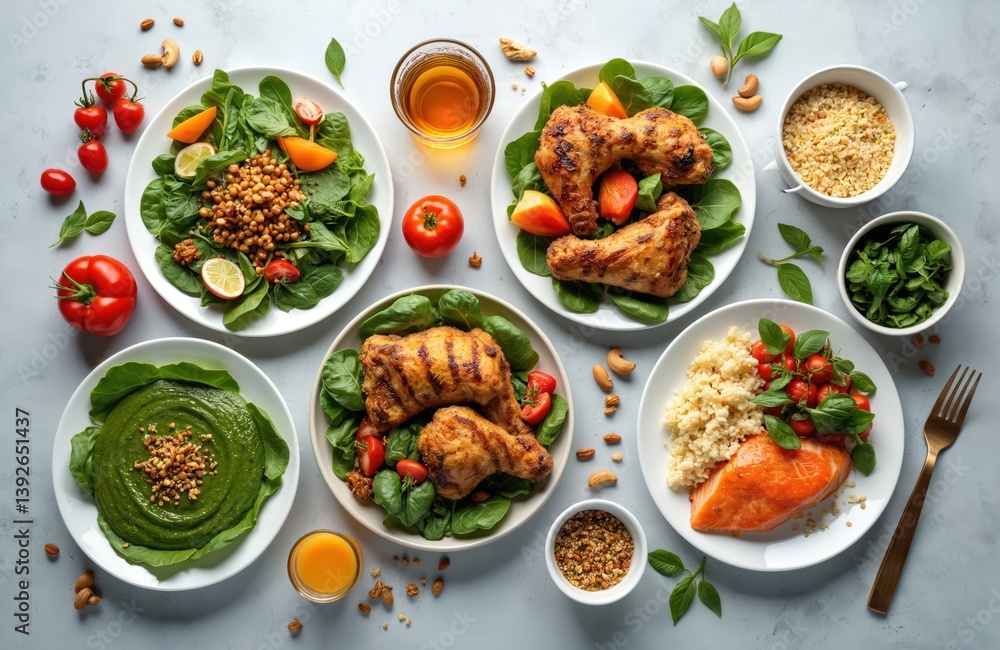 Healthy food assortment on light background. Variety of balanced dishes with vegetables, meat, fish. Concept for menu, nutrition plan, healthy eating. Dishes with vegetables, tomatoes, spinach, Healthy food assortment on light background. Variety of balanced dishes with vegetables, meat, fish. Concept for menu, nutrition plan, healthy eating. Dishes with vegetables, tomatoes, spinach,