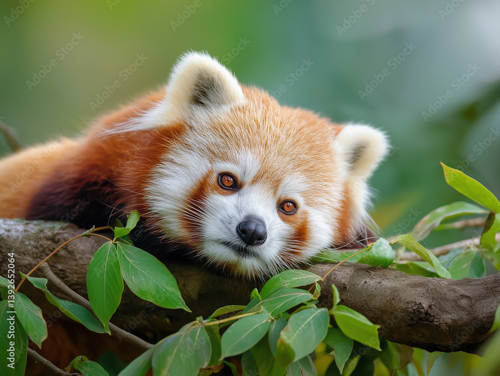 Naklejka premium Panda lying on the tree with green leaves. Ailurus fulgens, red panda, detail face portrait of animal from Nepal mountain forest.