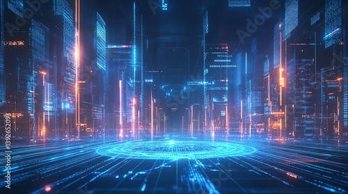 Digital brain hologram with interactive data visualizations and glowing lines, set against a futuristic technology backdrop, symbolizing the future of AI and neural networks
