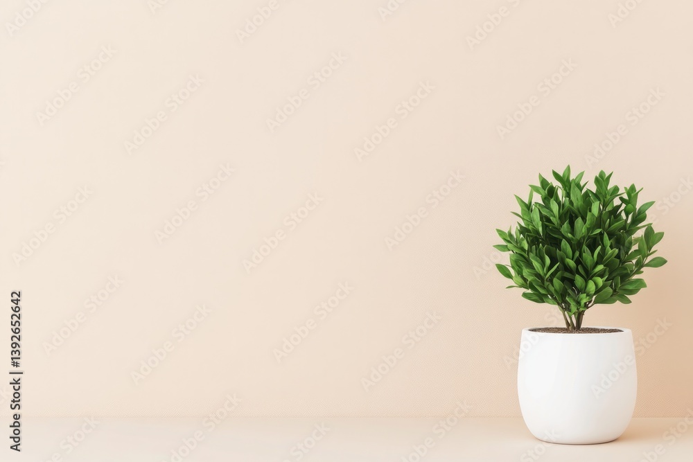 Fototapeta premium minimalistic composition with single green plant in white pot against plain beige background
