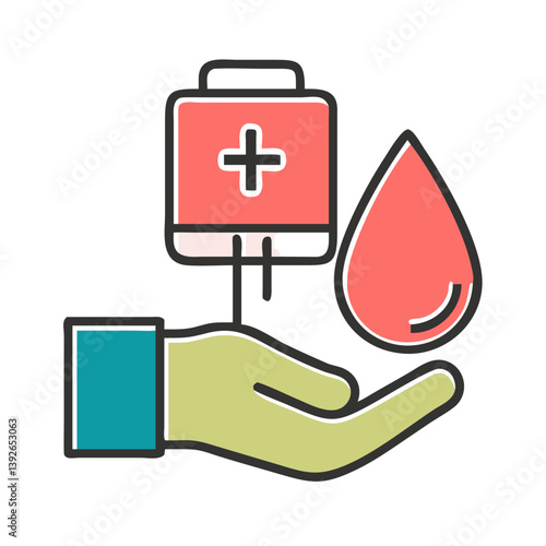 Blood donation illustration with hand and blood drop on white background  