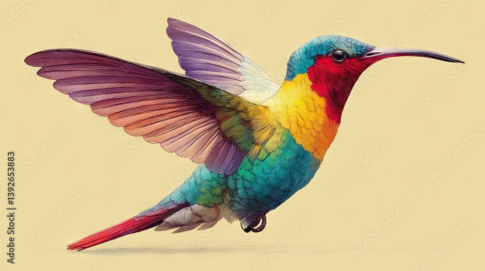 Fototapeta premium Vibrant, colorful hummingbird in mid-flight. The intricate patterns and hues create a mesmerizing scene, showcasing the beauty of nature and wildlife.