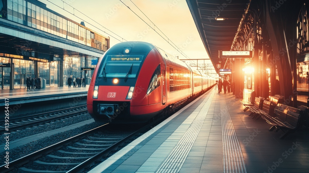 Naklejka premium A modern red train approaching a bustling train station at sunset, capturing the vibrant atmosphere of urban public transportation and daily commute activities