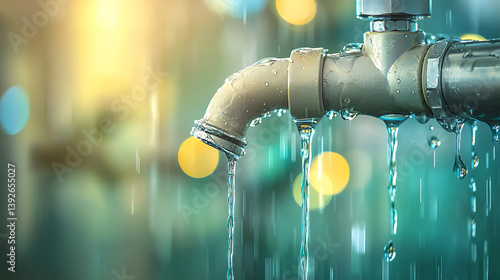 Water flowing from pipe industrial setting photography urban environment close-up view plumbing concept