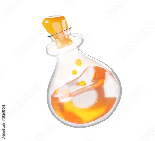 3d glass bottle with magic potion or elixir. Flask with golden spell liquid and plug, ui game asset. Wizard or alchemist transparent vials with poison and antidote Cartoon render icon