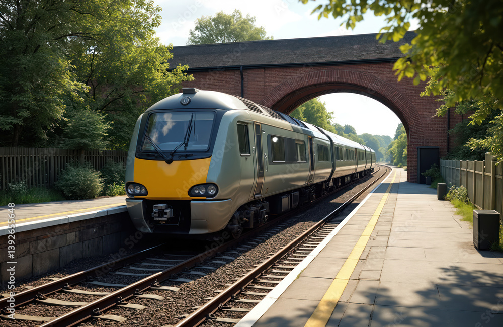 Fototapeta premium Passenger train at a rural station in West Midlands England. Railway track travels through the countryside. English travel and tour tourism, commuter train, transport, railway transportation.