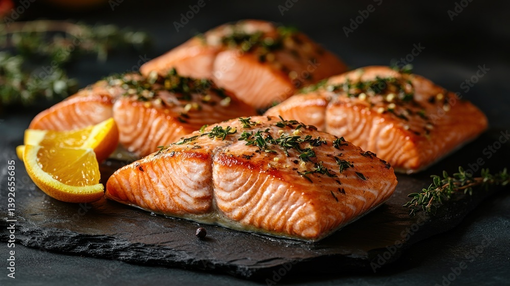 Four pan-seared salmon fillets, garnished with herbs and citrus Four pan-seared salmon fillets, garnished with herbs and citrus