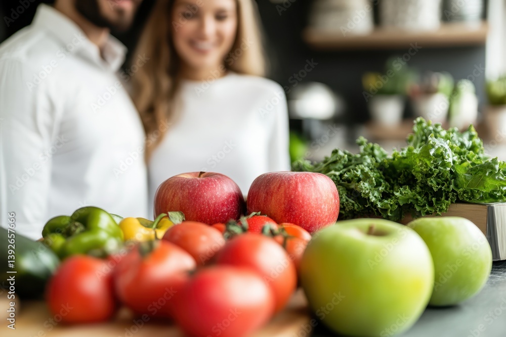 Couple preparing fresh vegetables and fruits together in a cozy kitchen setting Couple preparing fresh vegetables and fruits together in a cozy kitchen setting