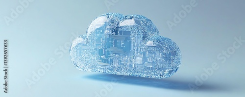 Digital cloud computing icon in blue, featuring a circuit design, 3D rendered on a light blue background, highlighting the evolution of cloudbased services