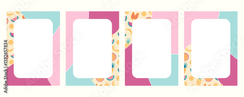 Funky colorful abstract tropical frames collection for summer trendy designs. Stylish whimsical playful vector frames with various patterns in bright joyful colors for summer projects