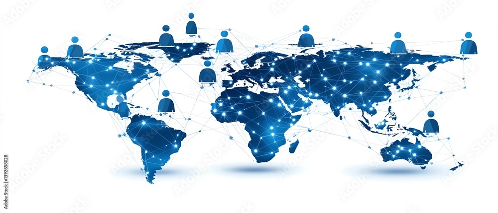 Obraz premium Digital world map globe with blue user icons and stats indicators, 3D rendering of global network and social communication, data flow, tech innovation