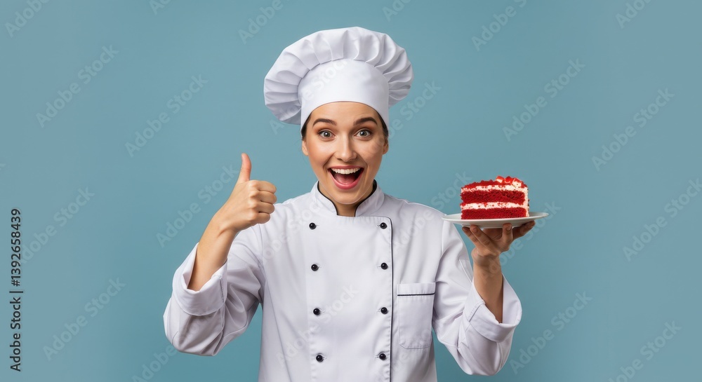 Woman chef holding cake slice with thumbs up in a white uniform against a blue background Woman chef holding cake slice with thumbs up in a white uniform against a blue background