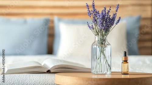 Sleep hygiene Concept. Cozy bedroom scene with lavender and essential oil on a wooden table.