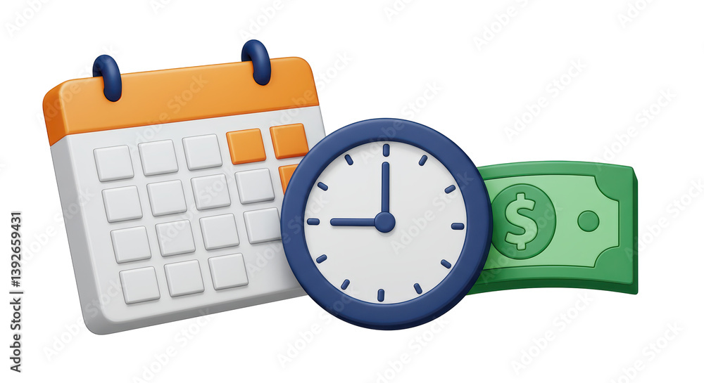 Isolated Calendar Clock and Money Symbolizing Financial Planning Isolated Calendar Clock and Money Symbolizing Financial Planning