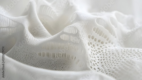 Close up view of an innovative 3D printed fabric with intricate microstructures designed for enhanced breathability and comfort in fashion and apparel applications  The textured