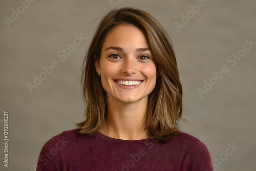 Closeup portrait of a beautiful young woman with long brunette hair and a warm friendly smile wearing a casual burgundy sweater posing confidently against a gray studio background