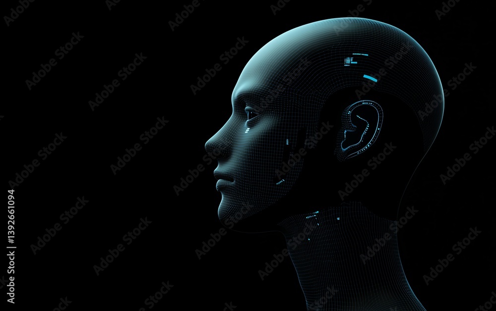 Obraz premium Machine learning and software technologies concept with blue shadow human head side view on dark background