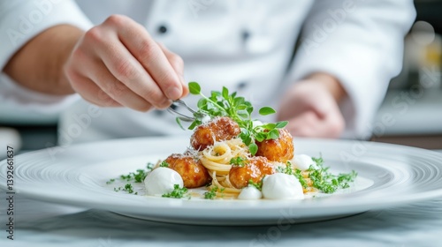 Wallpaper Mural Chef preparing a gourmet dish of pasta with meatballs.  Fresh herbs and creamy topping Torontodigital.ca