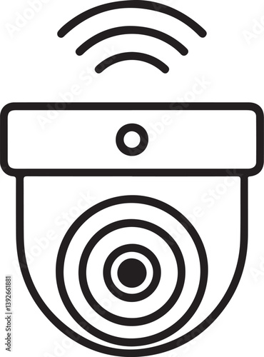 Minimalist line art illustration of a smart security camera with wireless signal waves, representing modern surveillance and home security technology