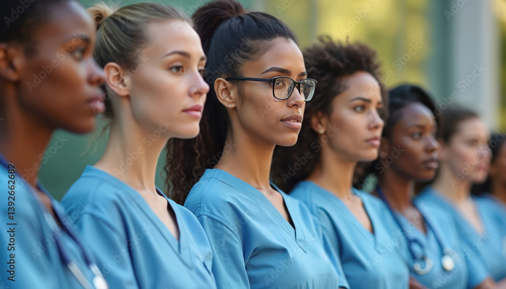 Group healthcare professionals stand in unison, pride in roles as caregivers, medical experts. Teamwork, dedication, hope, collaboration, support, community, health care. Focus on mission, treatment, Group healthcare professionals stand in unison, pride in roles as caregivers, medical experts. Teamwork, dedication, hope, collaboration, support, community, health care. Focus on mission, treatment,