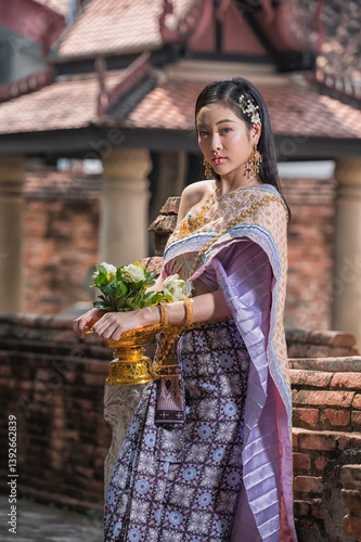 Photography Portrait woman in Thai traditional dress costume  in Ayutthaya , Thailand