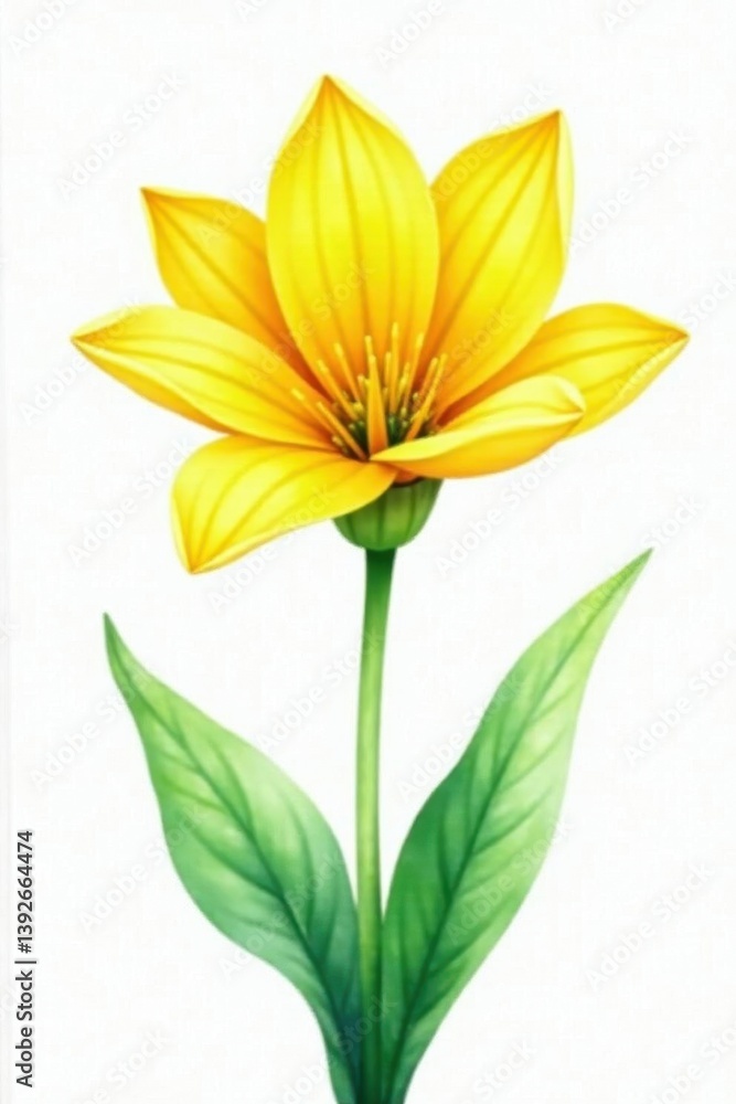 Obraz premium Vibrant yellow petals, green stem, loose watercolor wash , painting, bloom, art