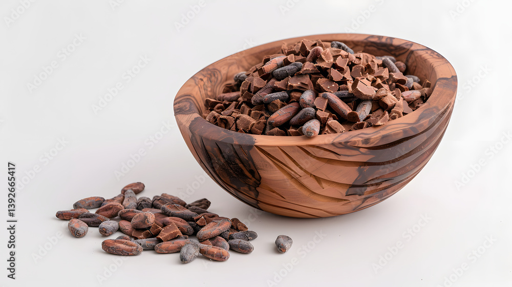 Obraz premium Crushed cacao nibs and whole cacao beans in wooden bowl create rich, earthy display