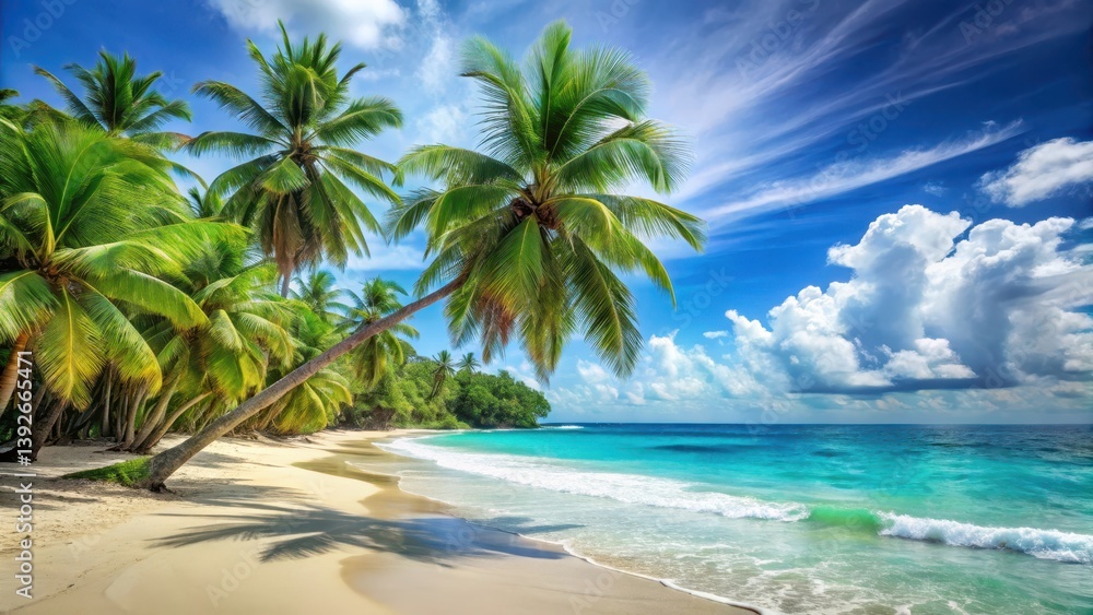 A serene tropical island beach scene with swaying palm trees and a vast expanse of clear blue sea waves gently lapping at the shore , isolated landscape, clear blue A serene tropical island beach scene with swaying palm trees and a vast expanse of clear blue sea waves gently lapping at the shore , isolated landscape, clear blue