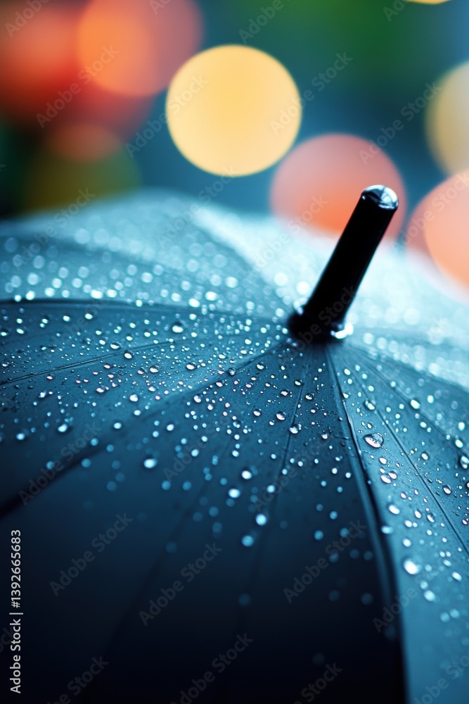 Closeup view of umbrella in rain in Spring