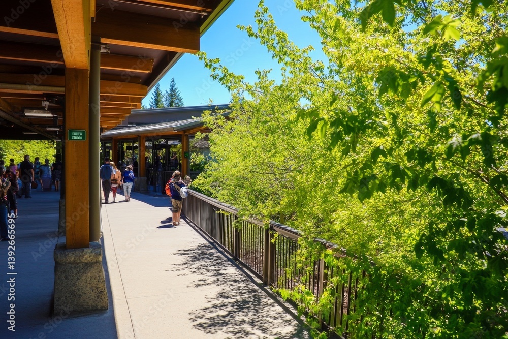 Obraz premium Covered walkway, trees, and people under a bright blue sunny sky