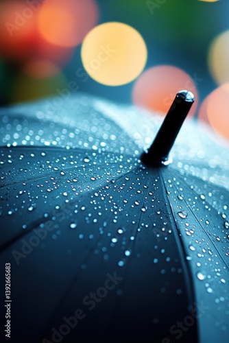 Closeup view of umbrella in rain in Spring