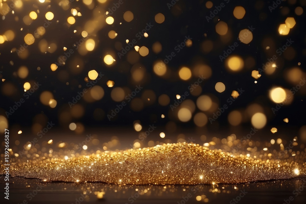 Obraz premium Golden glitter particles, scattered and floating against a dark