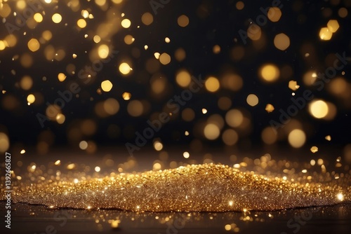 Golden glitter particles, scattered and floating against a dark