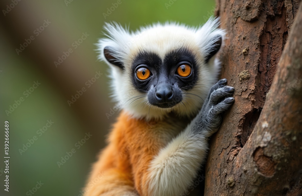 Obraz premium Close-up portrait of Coquerel sifaka lemur, primate in natural habitat. Exotic animal on tree, orange eyes, black face. Wildlife nature photo, Madagascar lemur.