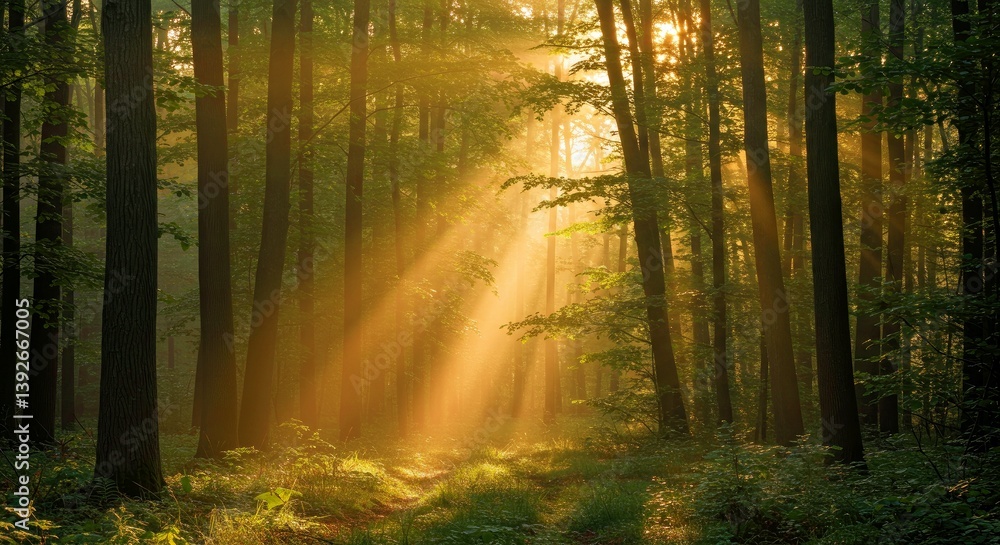 Fototapeta premium Sunbeams pierce dense tree canopy cover in lush green forest creating beautiful shafts of light spectacle below