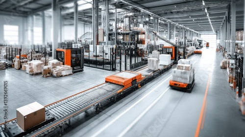 Automated warehouse with orange automated guided vehicles moving cardboard boxes along a conveyor system. Bright lighting, clean environment.