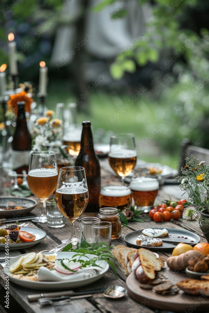 A table set up for wild fermented beer tasting, featuring earthy tones and natural elements, A table set up for wild fermented beer tasting, featuring earthy tones and natural elements,