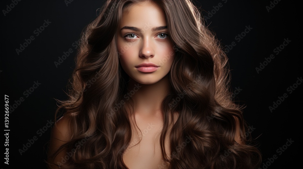 Fototapeta premium A woman with brown long hair. Portrait of a young model. A beautiful girl with a face dollike shows off her hairstyle