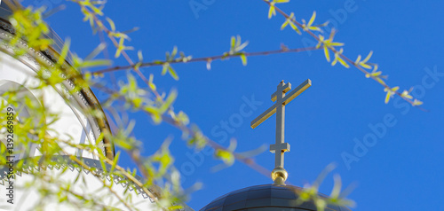 Photos Green willow branches with a view of the church
In early spring, through the green willow branches in the park, a church with an Orthodox cross is visible
