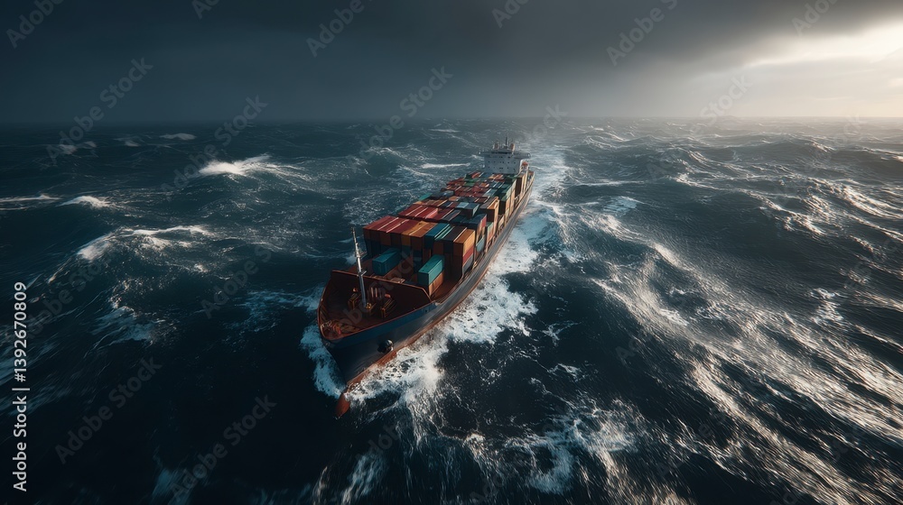 Fototapeta premium Cargo ship navigating rough seas under a dramatic sky. Waves crash around the vessel, creating a sense of peril.