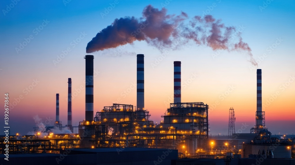 A cinematic view of industrial facilities at dusk, with massive smokestacks and gas spouts releasing steam A cinematic view of industrial facilities at dusk, with massive smokestacks and gas spouts releasing steam