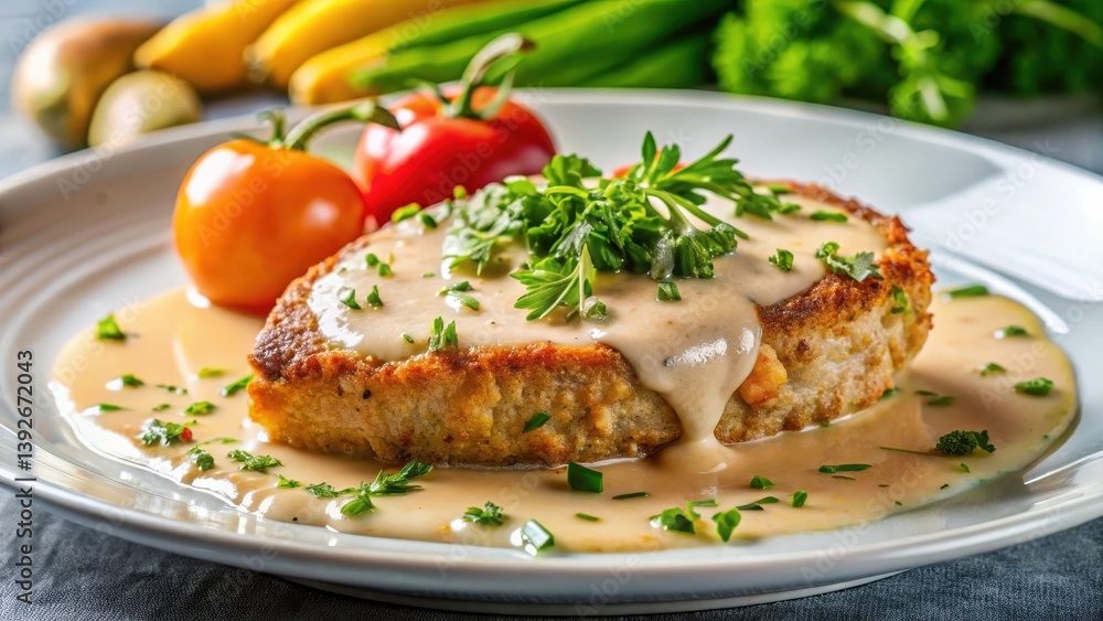Veal Cutlet with Tuna Sauce, Thinly sliced veal cutlets served atop a rich tuna sauce made from fresh tuna fish and heavy cream, premium ingredients, upscale dish Veal Cutlet with Tuna Sauce, Thinly sliced veal cutlets served atop a rich tuna sauce made from fresh tuna fish and heavy cream, premium ingredients, upscale dish