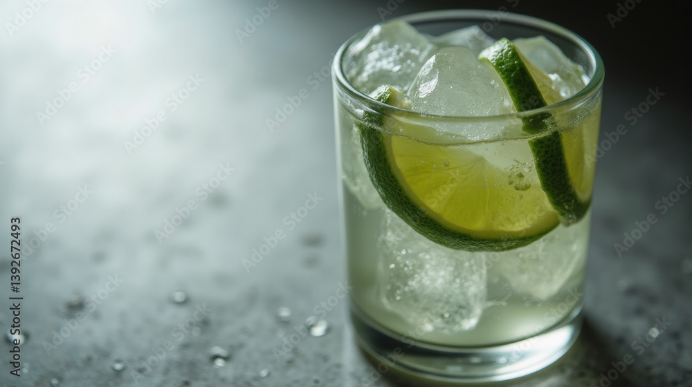 Refreshing cocktail with ice and lime slices, perfect for summer day or casual gathering. Enjoy coolness and zest Refreshing cocktail with ice and lime slices, perfect for summer day or casual gathering. Enjoy coolness and zest
