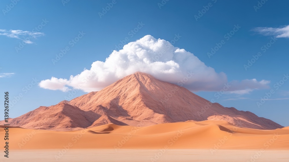 Naklejka premium Desert mountain with a large cumulus cloud. Vast, sandy plains stretch to the base of the majestic, orange-toned mountain, beneath a vibrant blue sky