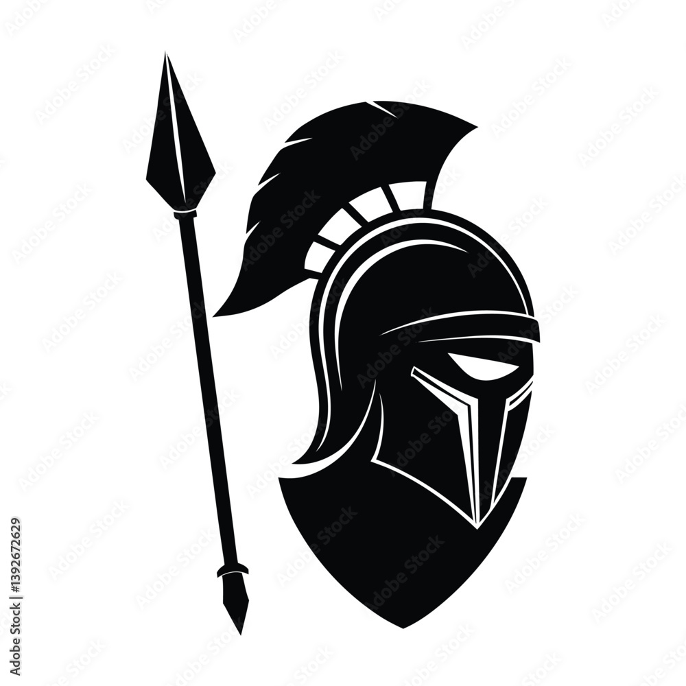 Fototapeta premium Spartan helmet with shield and spear silhouette and white background.