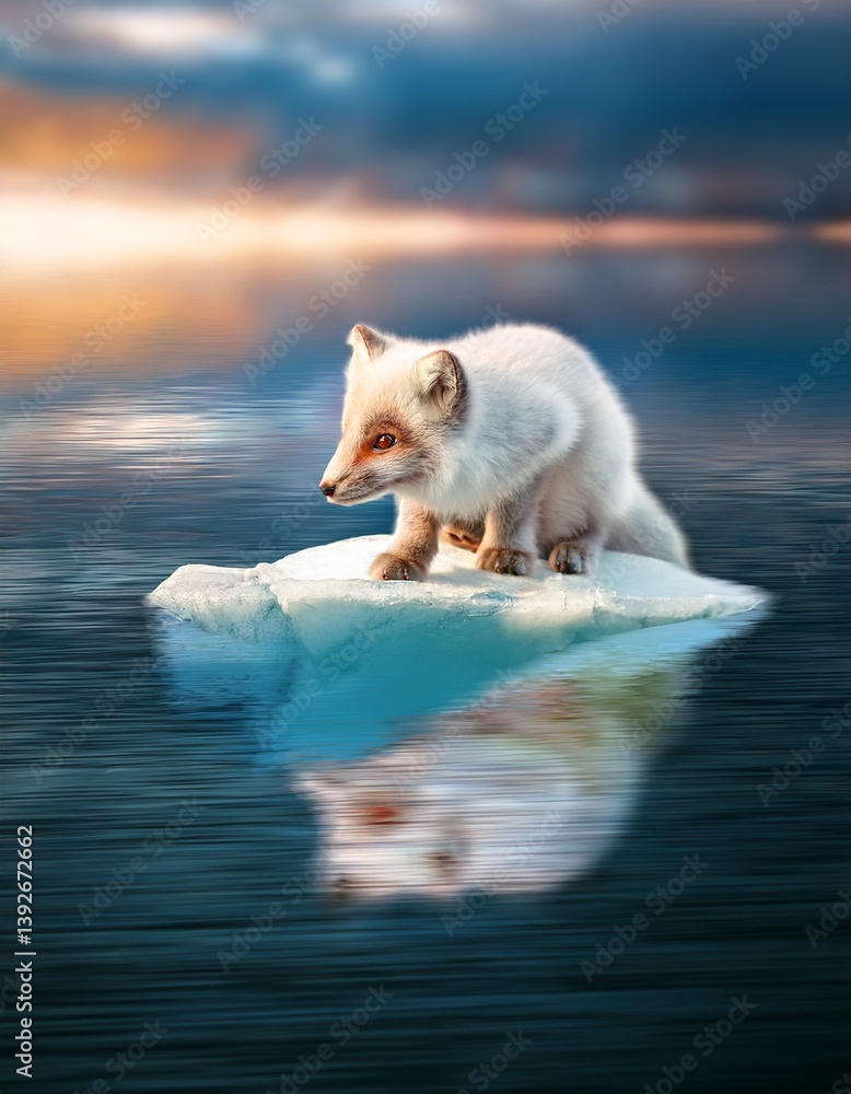 Fototapeta premium An inquisitive fox explores a small iceberg under a glowing sunset that casts warm tones across the icy landscape.
