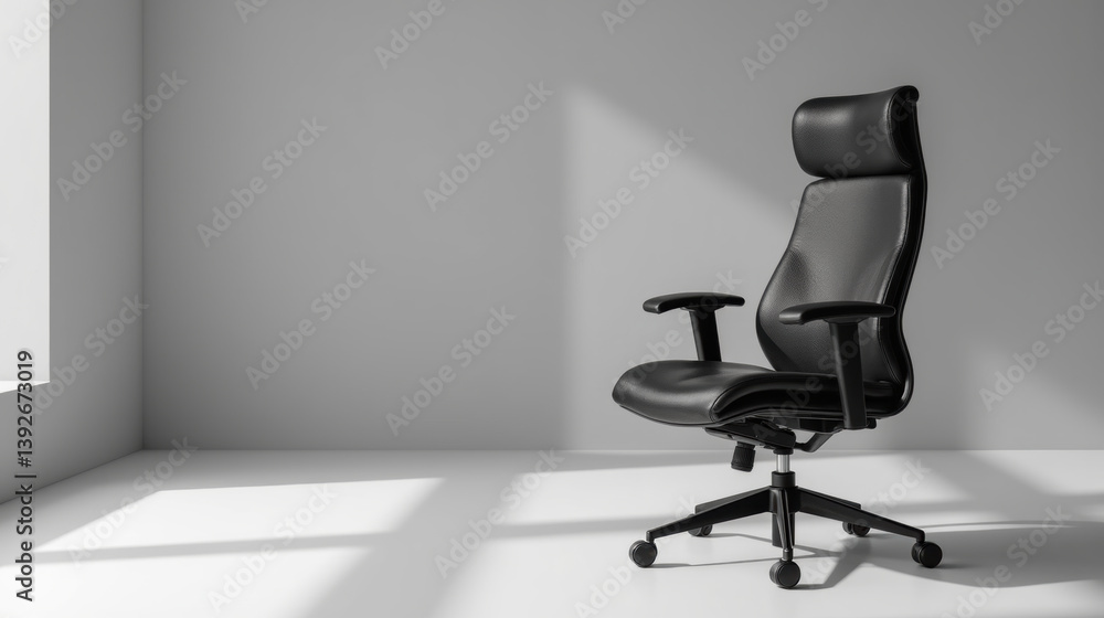 sleek black office chair stands minimalist room, showcasing its ergonomic design and modern style. soft light casts shadows, enhancing chair