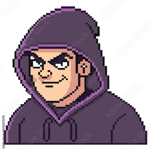 Smirking Man Pixel Art Portrait with Hood against Transparent Background