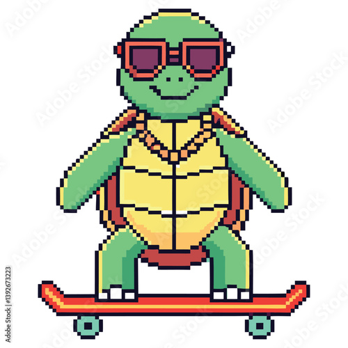 Pixelated Turtle with Sunglasses on Skateboard with Transparent Background